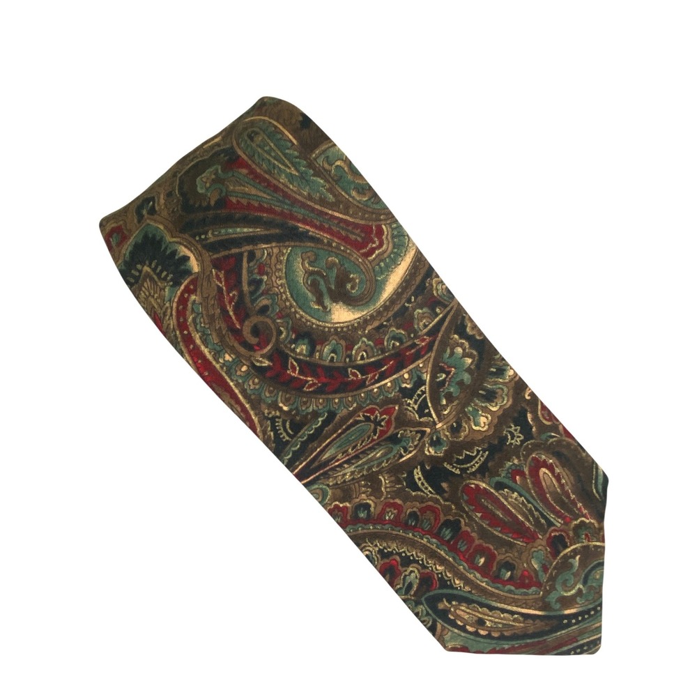 Unbranded Mens Paisley Necktie Gold Green Teal  Red Ornate Jewel Tone 53.5x3.5